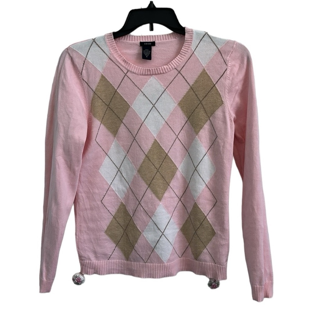 Izod Pink and Tan Argyle Crewneck Sweater Size Medium - Picture 5 of 11